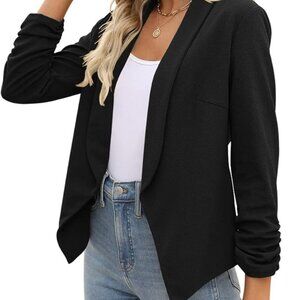Labijou  Lightweight Open Front Cardigan Ruched Sleeve Work Office Blazer